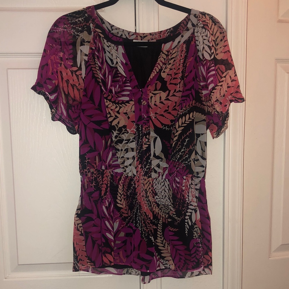 Worthington Women’s Purple Leaf Print Short Sleeve Blouse Size Large